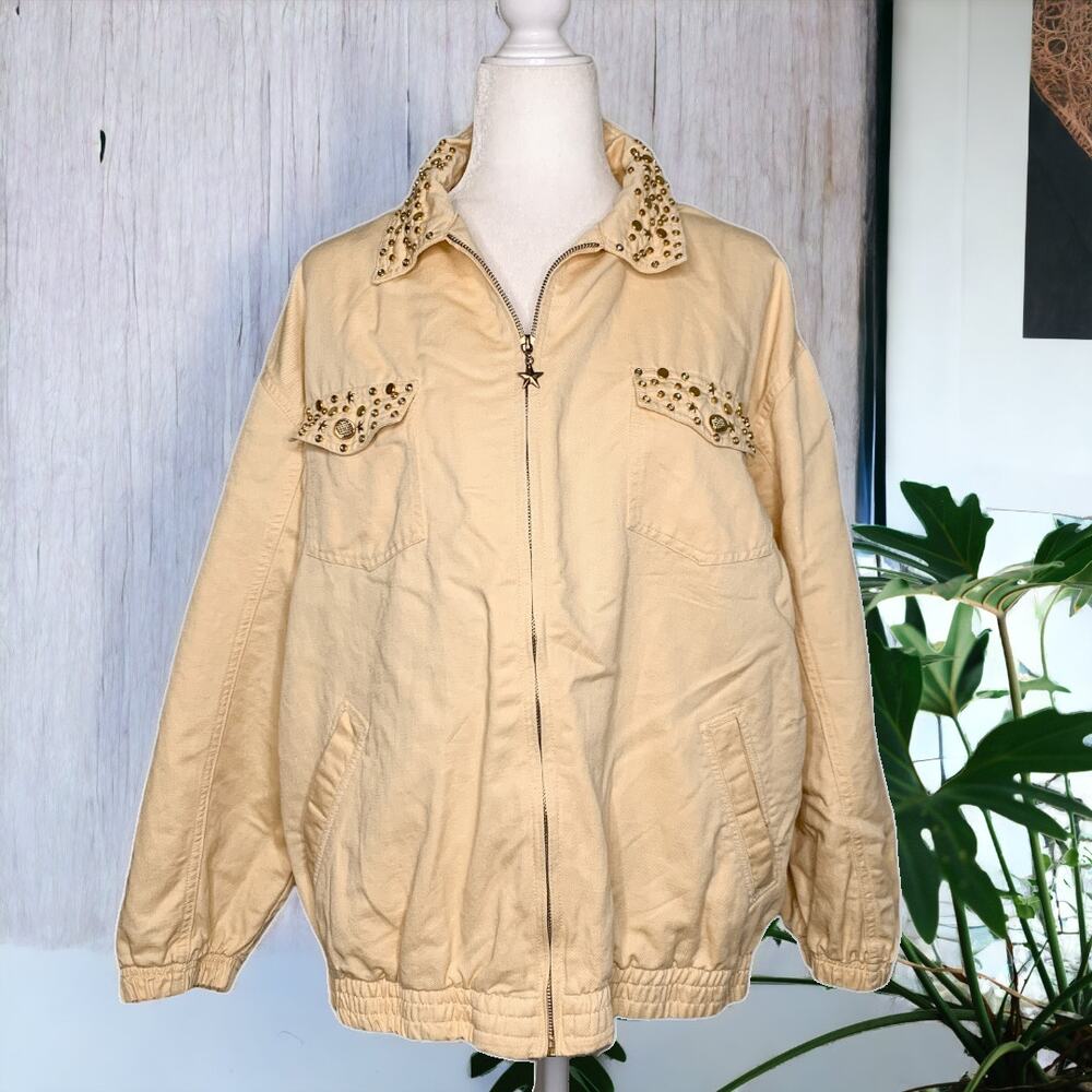 Outbrook Vintage Rhinestone Studded Embellished Zip Up Jacket Yellow Large